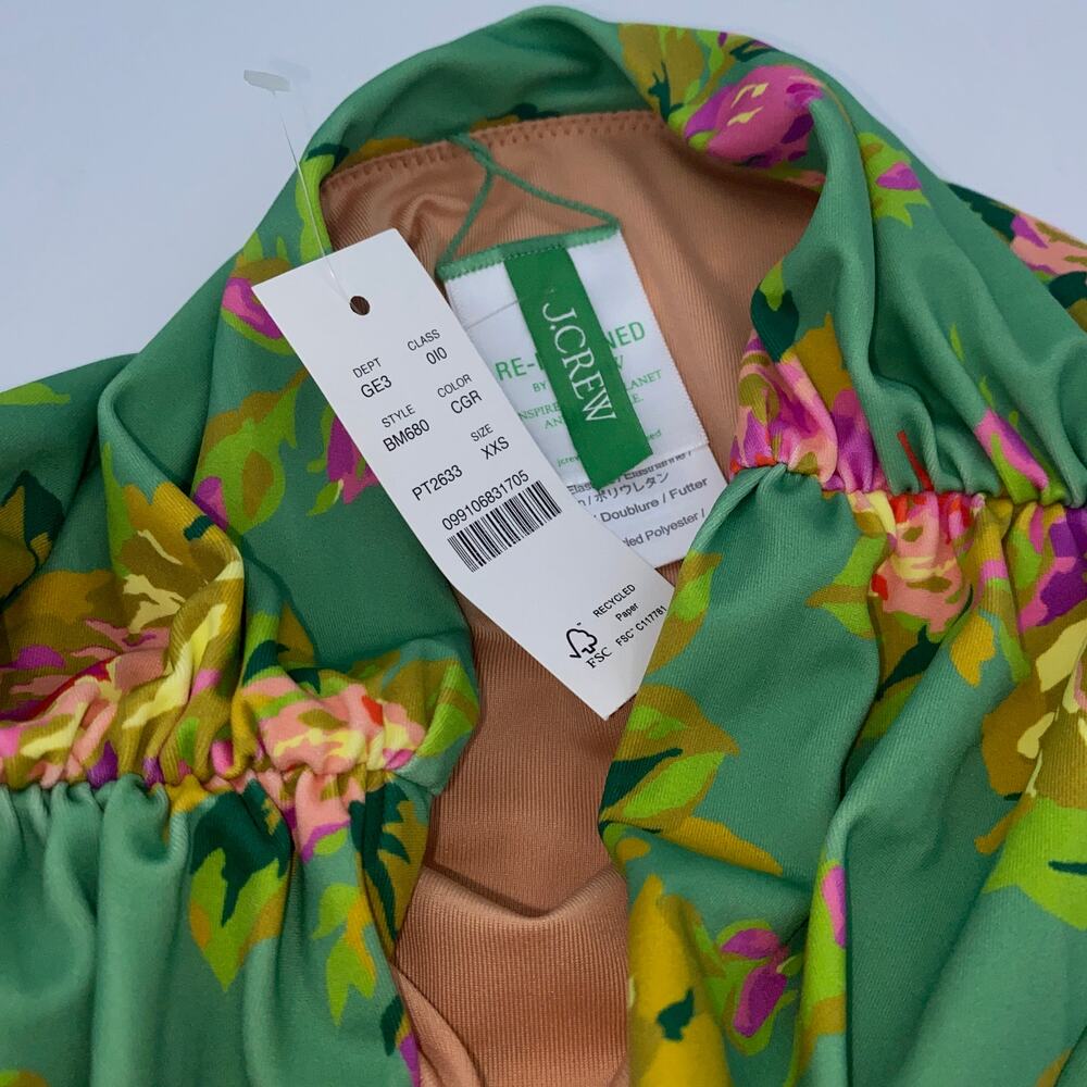 New J. Crew Green Floral Ruched High Waist Bikini Swim Bathing Suit Bottom XXS - Picture 5 of 8
